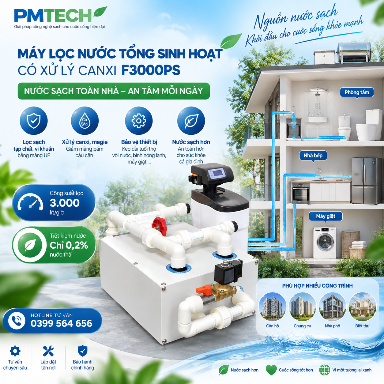 Máy lọc nước tổng sinh hoạt có xử lý canxi F3000PS – Giải pháp lọc nước toàn diện cho gia đình
