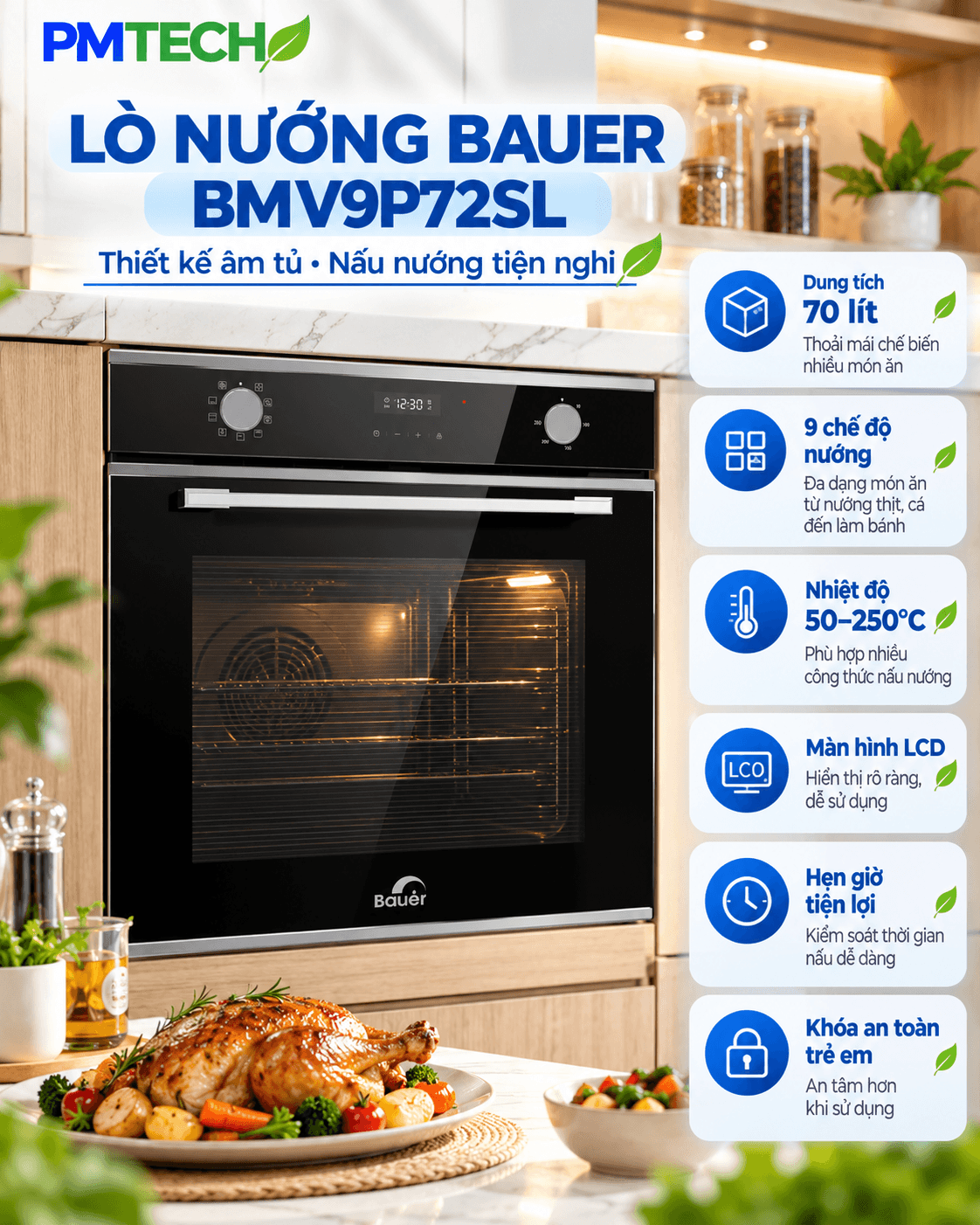 Lò nướng Bauer BMV9P72SL – Thiết kế âm tủ sang trọng